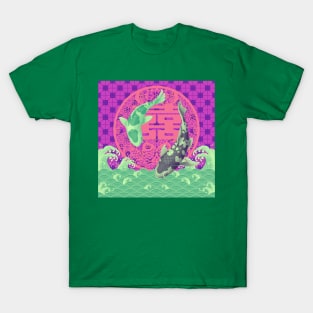 Double Happiness Green Koi Fish Dancing in the Ocean with Pink Tile Floor Pattern T-Shirt